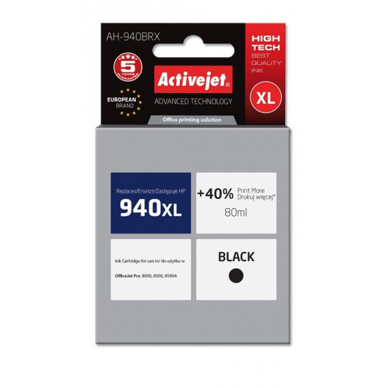Activejet AH-940BRX Ink Cartridge for HP Printer, Compatible with HP 940XL C4906AE Premium 80 ml black. Prints 40% more.
