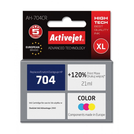 Activejet AH-704CR HP Printer Ink, Compatible with HP 704 CN693AE Premium 21 ml colour. Prints 120% more.