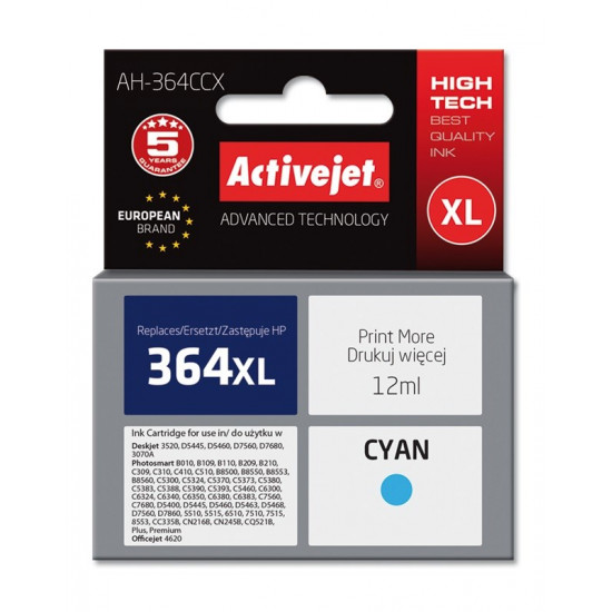 Activejet AH-364CCX HP Printer Ink, Compatible with HP 364XL CB323EE Premium 12 ml blue.