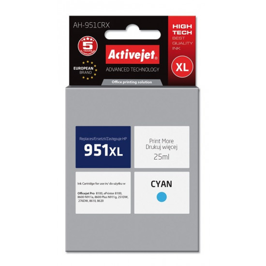 Activejet AH-951CRX HP Printer Ink, Compatible with HP 951XL CN046AE Premium 25 ml blue.