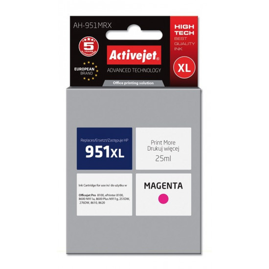 Activejet AH-951MRX HP Printer Ink, Compatible with HP 951XL CN047AE Premium 25 ml magenta.