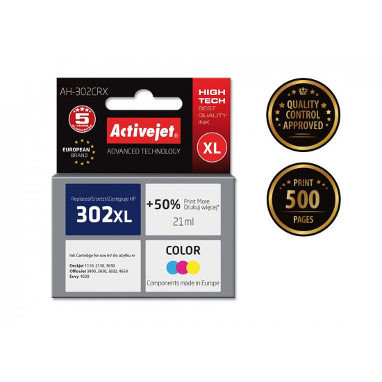 Activejet AH-302CRX ink (replacement for HP 302XL F6U67AE Premium 21 ml color)