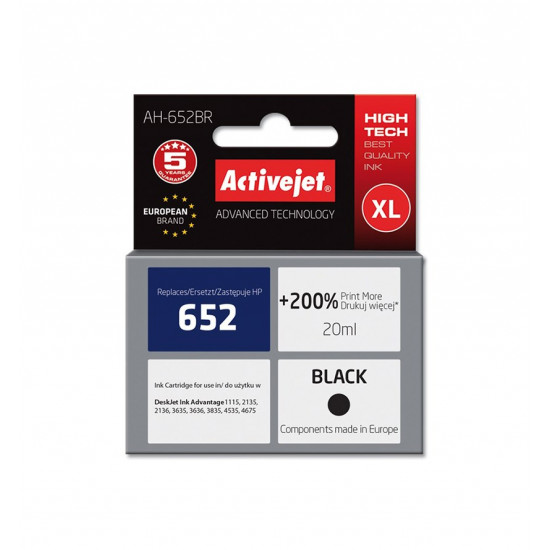 Activejet AH-652BR ink (replacement for HP 652 F6V25AE Premium 20 ml black)