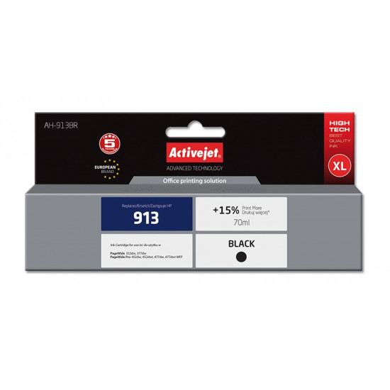 Activejet AH-913BR HP Printer Ink, Compatible with HP 913 L0R095AE Premium 70 ml black. Prints 15% more.