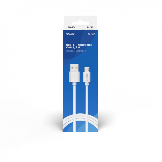 USB cable 3 m USB 2.0, USB A - Micro USB White SAVIO CL-167