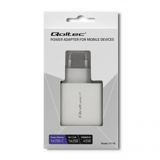 Qoltec 51718 Charger | 45W | 5-20V | 2.4-3A | USB type C PD | USB | White