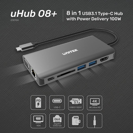 UNITEK D1019A notebook dock/port replicator USB 3.2 Gen 1 (3.1 Gen 1) Type-C Grey