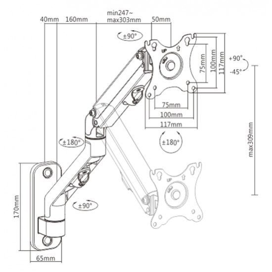 Gembird MA-WA1-02 Adjustable wall display mounting arm, 17 -27 , up to 7 kg