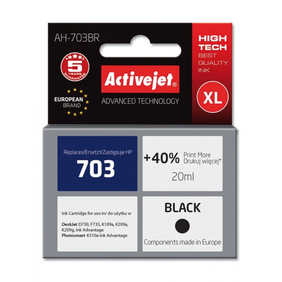 Activejet Ink Cartridge AH-703BR for HP Printer, Compatible with HP 703 CD887AE Premium 20 ml black. Prints 40% more.