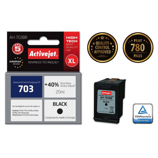 Activejet Ink Cartridge AH-703BR for HP Printer, Compatible with HP 703 CD887AE Premium 20 ml black. Prints 40% more.