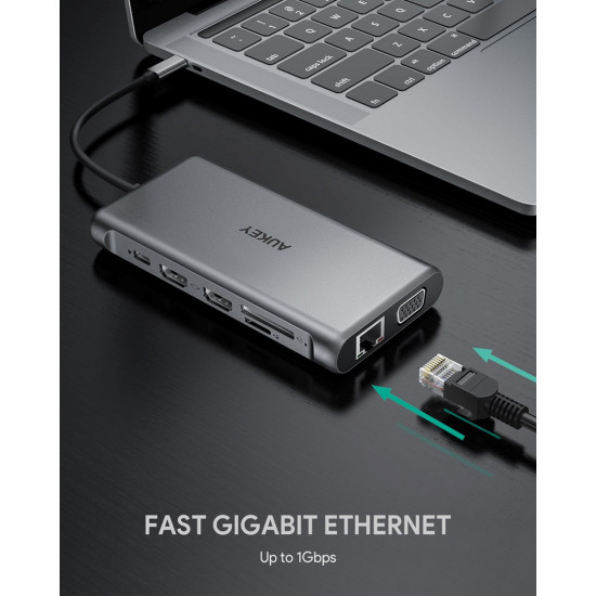 AUKEY CB-C78 interface hub 5000 Mbit/s Black | Aluminium | 12in1 | RJ45 Ethernet 10/100/1000Mbps | 2xUSB 3.1 | 2xUSB 2.0 | 2xHDMI 4k@30Hz | VGA | SD & microSD | USB-C