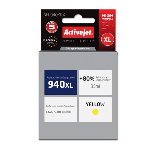 Activejet AH-940YRX Ink Cartridge for HP Printer, Compatible with HP 940XL C4909AE Premium 35 ml yellow. Prints 80% more.