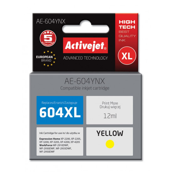Activejet AE-604YNX printer ink for Epson (replacement Epson 604XL C13T10H44010) yield 350 pages 12 ml Supreme yellow