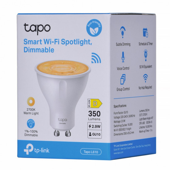 Smart Light Bulb|TP-LINK|Power consumption 2.9 Watts|Luminous flux 350 Lumen|2700 K|Beam angle 40 degrees|TAPOL610