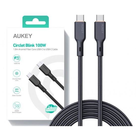 AUKEY CB-KCC102 USB-C Type-C Power Delivery PD 100W 5A 1.8m Kevlar Black