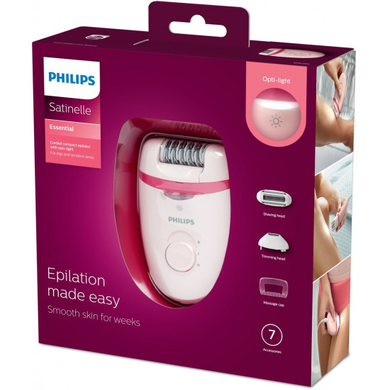 Philips Satinelle Essential Corded compact epilator BRE285/00 With opti-light For legs and sensitive areas + 7 accessories