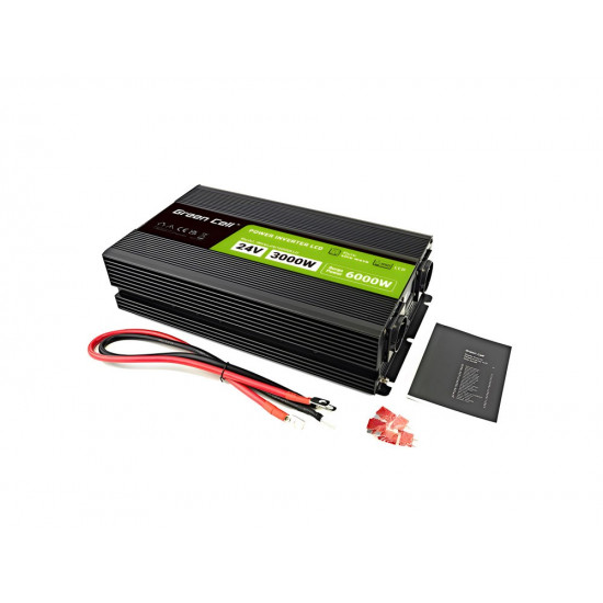 Green Cell Przetwornica napicia PowerInverter LCD 24 V 3000W/60000W Przetwornica samochodowa z wywietlaczem - czysty sinus power adapter/inverter Auto Black