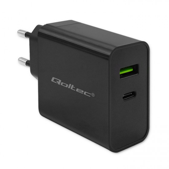 Qoltec 52378 Super Quick PD Charger | 1xUSB-C | 1xUSB | 45W | 5-20V | 2.25-3A | Black