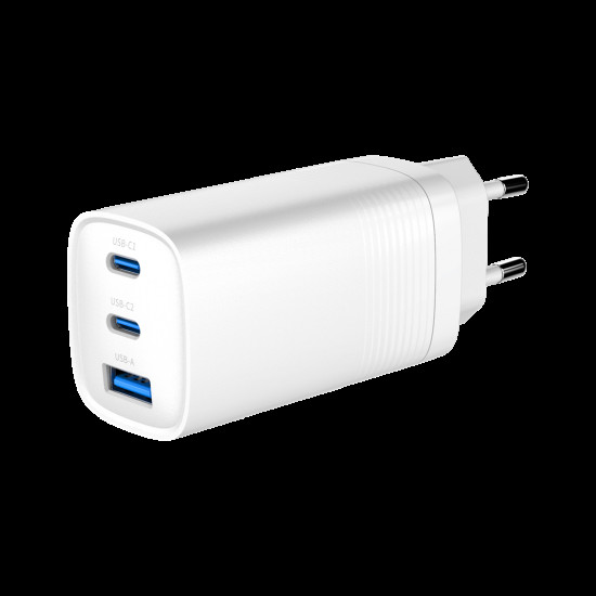 Gembird TA-UC-PDQC65-01-W 3-port 65 W GaN USB PowerDelivery fast charger, white