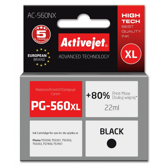 Activejet AC-560NX Printer Ink for Brother, Replacement Canon PG-560XL Supreme 22 ml black