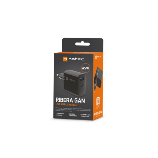 NATEC RIBERA GAN CHARGER 1x USB-A + 1x USB-C 45W BLACK