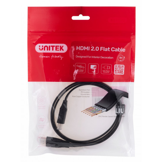 UNITEK HDMI CABLE 2.0 4K60HZ, FLAT, 1M,C11063BK-1M