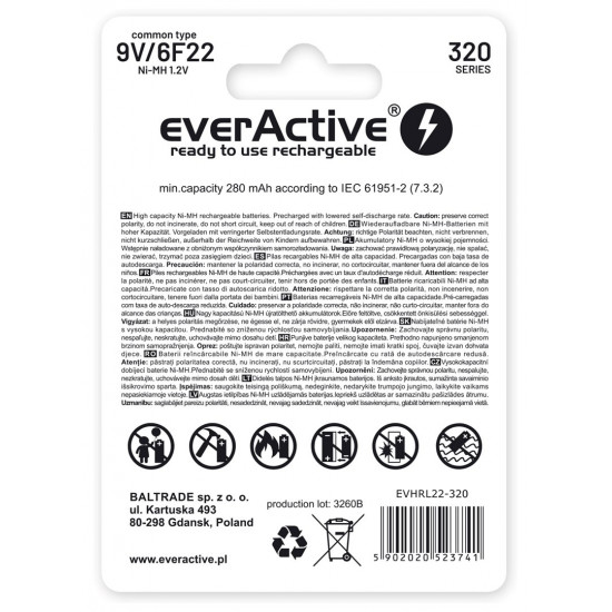 Rechargeable batteries everActive Ni-MH 6F22 9V 320 mAh Professional Line