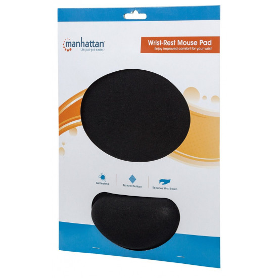 Manhattan Wrist Gel Support Pad and Mouse Mat, Black, 241 203 40 mm, non slip base, Lifetime Warranty, Card Retail Packaging