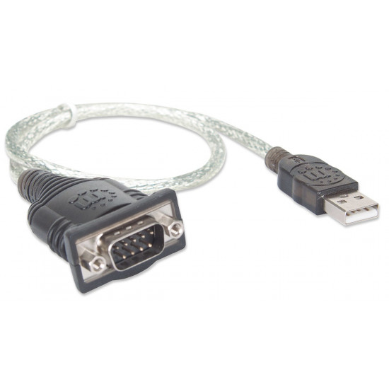 Manhattan USB-A to Serial Converter cable, 45cm, Male to Male, Serial/RS232/COM/DB9, Prolific PL-2303RA Chip, Equivalent to ICUSB232V2, Black/Silver cable, Three Year Warranty, Blister