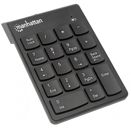 Manhattan Numeric Keypad, Wireless (2.4GHz), USB-A Micro Receiver, 18 Full Size Keys, Black, Membrane Key Switches, Auto Power Management, Range 10m, AAA Battery (included), Windows and Mac, Three Year Warranty, Blister