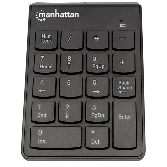 Manhattan Numeric Keypad, Wireless (2.4GHz), USB-A Micro Receiver, 18 Full Size Keys, Black, Membrane Key Switches, Auto Power Management, Range 10m, AAA Battery (included), Windows and Mac, Three Year Warranty, Blister