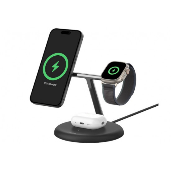 Belkin WIZ009VFBK-V2 - magnetic 3-in-1 wireless charging stand with Qi2 15W, black