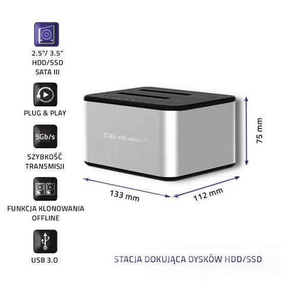 Qoltec 5316 2x HDD / SSD docking station | 2.5 /3.5 SATA | USB 3.0 | Clonning