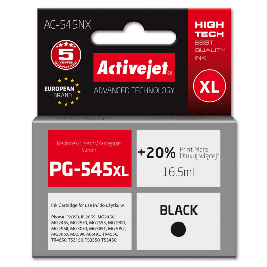 Activejet AC-545NX Printer Ink for Canon, Replacement Canon PG-545XL Supreme 16,5ml Black