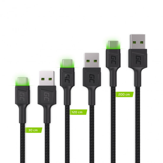 Green Cell Set 3x GC Ray USB-C Cable 30cm, 120cm, 200cm with green LED backlight, fast charging UC, QC 3.0