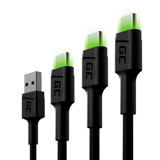 Green Cell Set 3x GC Ray USB-C Cable 30cm, 120cm, 200cm with green LED backlight, fast charging UC, QC 3.0