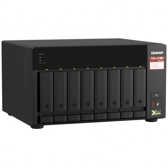 8-bay QNAP NAS, AMD Ryzen V1000 series V1500B 4C/8T 2.2GHz, 8GB DDR4 RAM (2 x SODIMM Slots, Max. 64GB, Optional ECC RAM Support), 8x SATA 6Gb/s bays, 2x M.2 NVMe PCIe Gen3 SSD Slots, 2 x 2.5GbE LAN, Optional 10GbE, 2x PCIe 3.0 x 4 Slots, USB 3.2 Gen2 Type