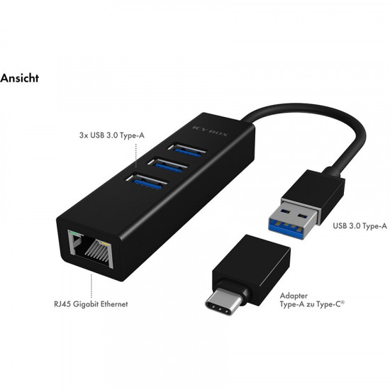 HUB 3Port ICY BOX 1xUSB-C Adapter 1xGigabit LAN Ethernet passiv Black