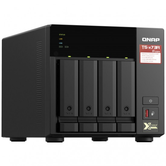 4-Bay QNAP NAS, AMD Ryzen V1000 Series, V1500B 4C/8T 2.2GHz, 8GB DDR4 RAM (2 x SODIMM Slots, max. 64GB, Optional ECC RAM Support), 4x SATA 6Gb/s Bays, 2x M.2 NVMe PCIe Gen3 SSD Slots, 2 x 2.5GbE LAN, Optional 10GbE, 2x PCIe 3.0 x 4 Slots, USB 3.2 Gen2 Typ