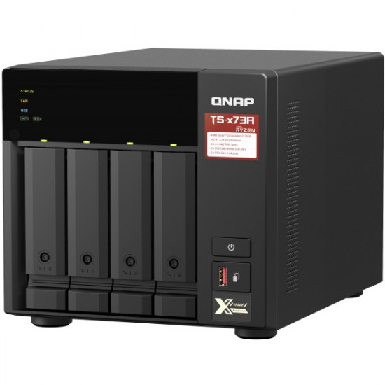 4-Bay QNAP NAS, AMD Ryzen V1000 Series, V1500B 4C/8T 2.2GHz, 8GB DDR4 RAM (2 x SODIMM Slots, max. 64GB, Optional ECC RAM Support), 4x SATA 6Gb/s Bays, 2x M.2 NVMe PCIe Gen3 SSD Slots, 2 x 2.5GbE LAN, Optional 10GbE, 2x PCIe 3.0 x 4 Slots, USB 3.2 Gen2 Typ