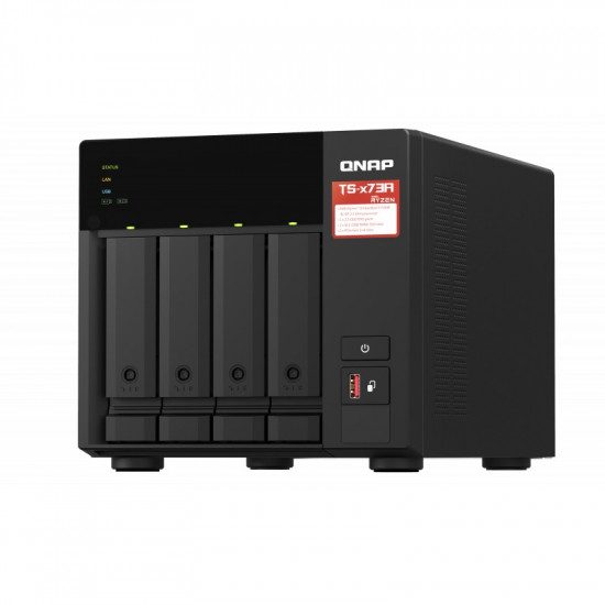 4-Bay QNAP NAS, AMD Ryzen V1000 Series, V1500B 4C/8T 2.2GHz, 8GB DDR4 RAM (2 x SODIMM Slots, max. 64GB, Optional ECC RAM Support), 4x SATA 6Gb/s Bays, 2x M.2 NVMe PCIe Gen3 SSD Slots, 2 x 2.5GbE LAN, Optional 10GbE, 2x PCIe 3.0 x 4 Slots, USB 3.2 Gen2 Typ