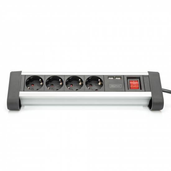 Steckdosenleiste 4x Stecker 2xUSB Port Schalter Digitus Black Silver