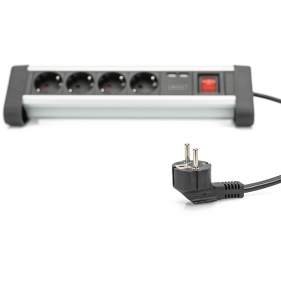 Steckdosenleiste 4x Stecker 2xUSB Port Schalter Digitus Black Silver