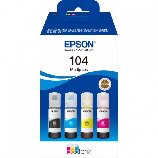 TIN Epson Tinte 104 EcoTank C13T00P640 4er Multipack (BKMCY) bis zu 7.500 Seiten