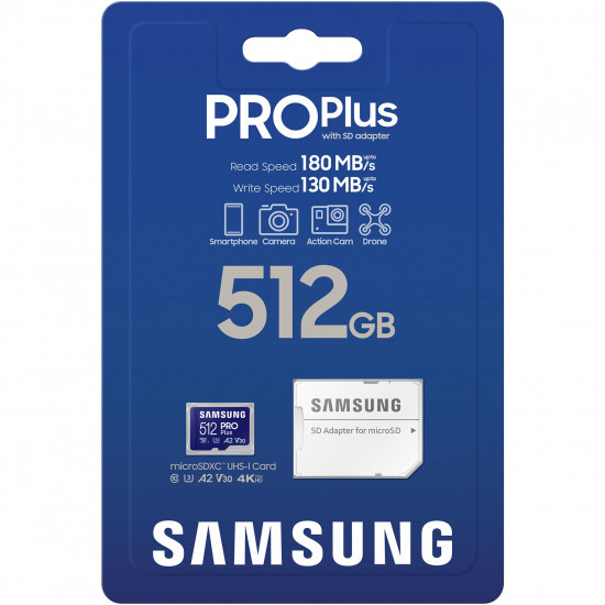 Samsung PRO Plus 512GB microSD UHS-I U3 Full HD 4K UHD 180MB/s Read 130MB/s Write Memory - Micro SD