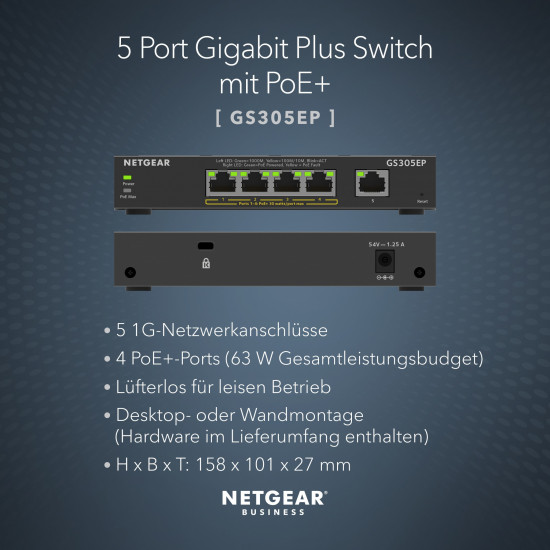 Netgear Plus GS305EP-100PES - managed/POE+/63W