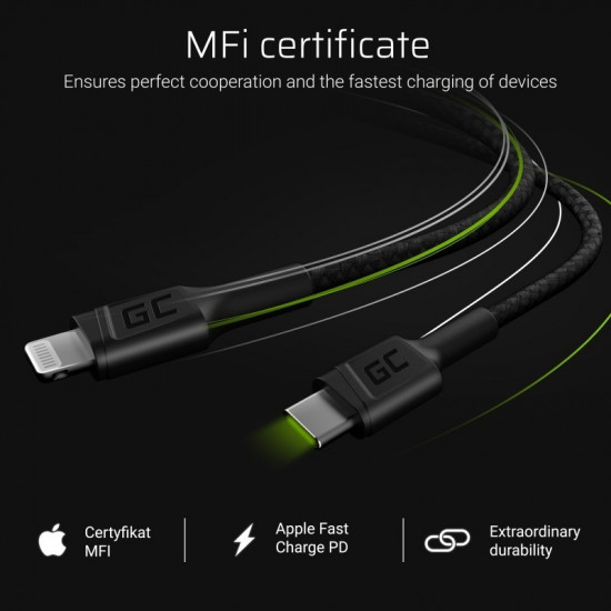 KAB USB-C Lightning (ST-ST) 1m Green Cell Black