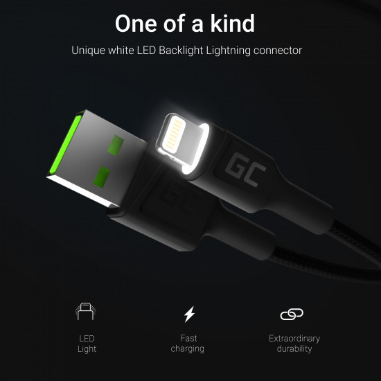 USB Lightning (ST-ST) 2m Green Cell Backlight White LED Black