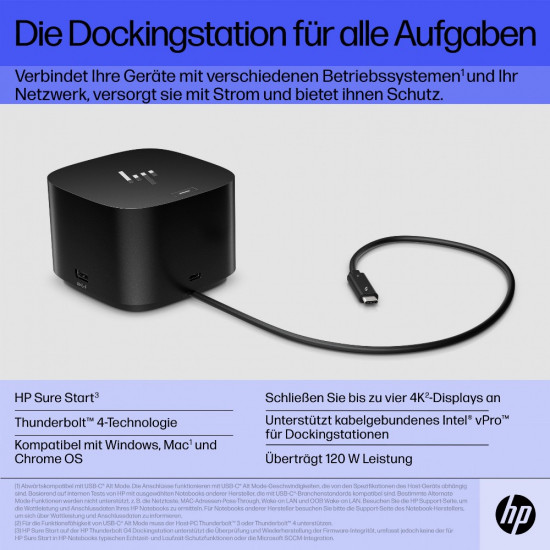 HP TB Dock G4 120W - 4x USB 3.0, 2x USB-C(15W), 1x USB-C Thunderbolt 4, 2x DisplayPort, 1x HDMI, 1x RJ-45