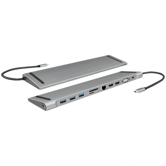 LogiLink Dockingstation USB-C Eigang 11Port 3xUSB3.2 USB-C 2xHDMI VGA AUX RJ45 Silver